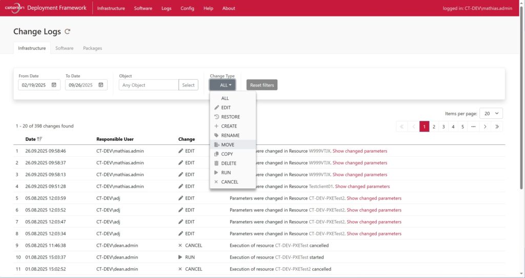 Screenshot der cDF Web Console - Change Logs