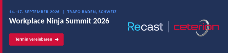 Banner for the Workplace Ninja Summit 2026, September 14–17, 2026, at Trafo Baden, Switzerland, featuring the Recast and Ceterion logos and the “Schedule an Appointment” button.